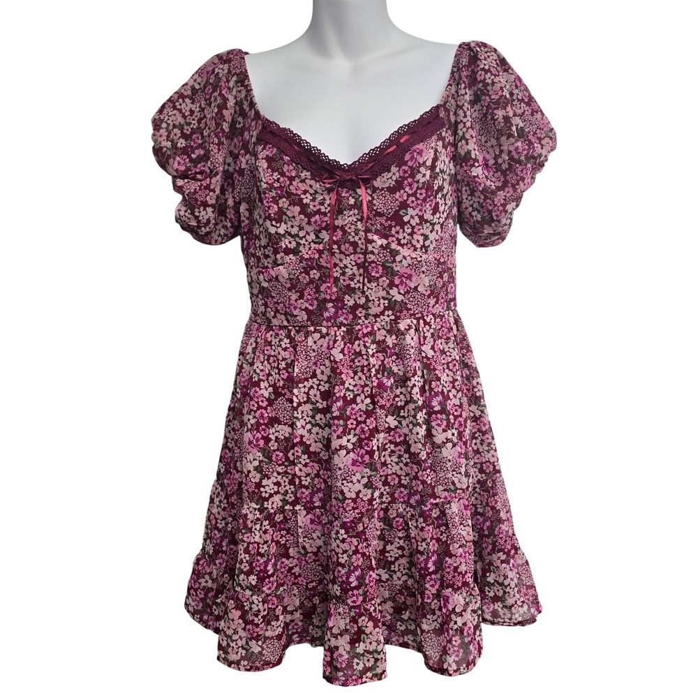 Trixxi Womens Wine Floral Lace Sweetheart Babydoll Mini Dress Size M Coquette